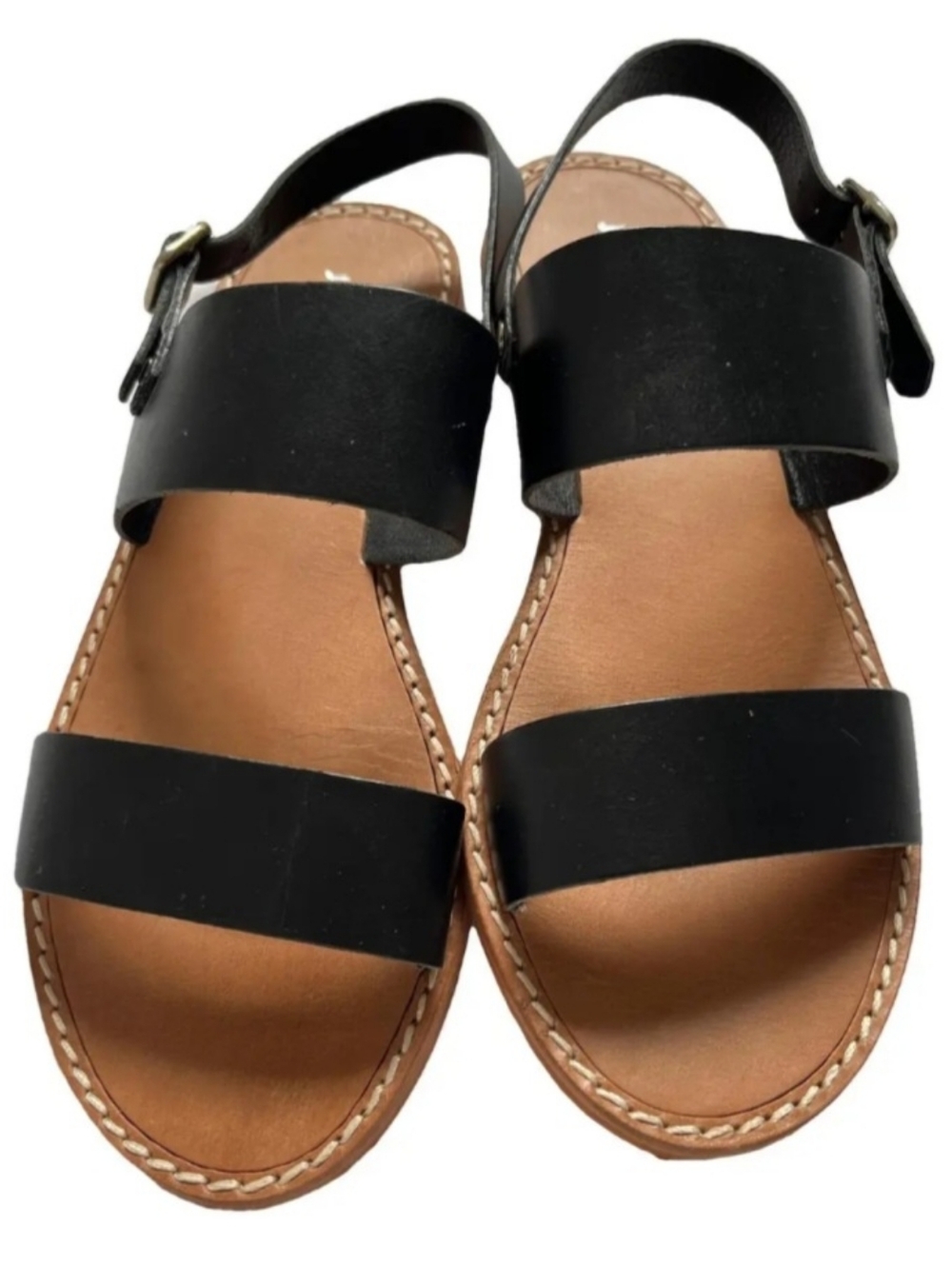Women's Black Leather Two-Strap Sandals